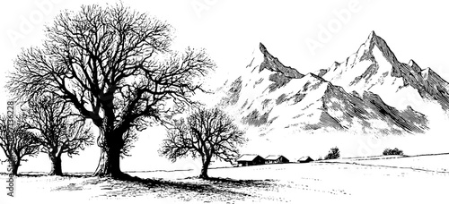Engraved winter mountain ridge with bare trees and rustic landscape for decorative design