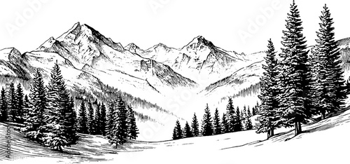 Engraved decorative winter mountain valley illustration for retro design