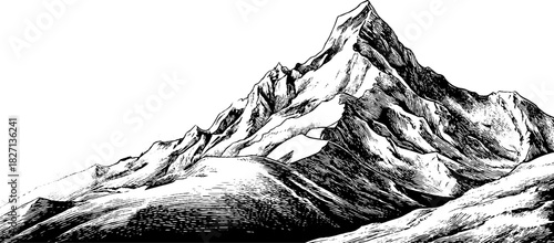 Engraved decorative illustration mountainous banner vintage sketch hand drawn engraving.
