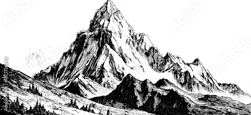 Engraved mountainous landscape banner for decorative design and print