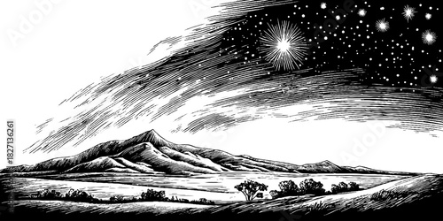 Celestial night engraving: starry sky and mountain landscape for artistic designs