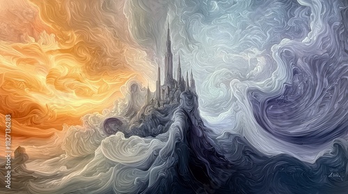 A surreal painting of a castle situated amidst swirling clouds, with a dramatic contrast between warm and cool tones.