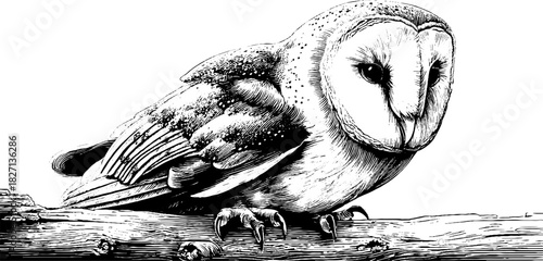 Intricate barn owl perched on branch in vintage engraving style