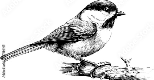 Engraved decorative illustration of perched marsh tit bird for nature-inspired designs