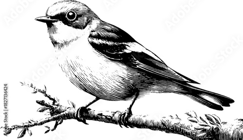 Vintage engraving of a perched pied flycatcher for ornithology design and decor
