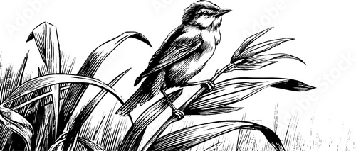 Vintage engraving of perched reed warbler amongst grass - retro nature silhouette design for art prints