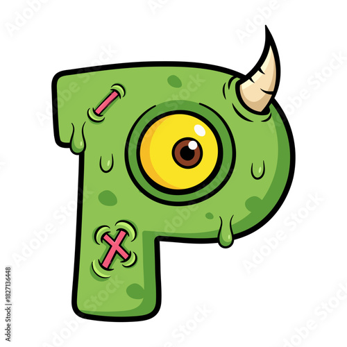 Cartoon Zombie Letter P with Horn and Stitched Wound