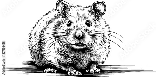 Engraved decorative illustration of a plump field vole sitting in vintage style