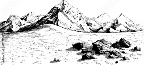 Engraved decorative illustration of polar mountain landscape for vintage design