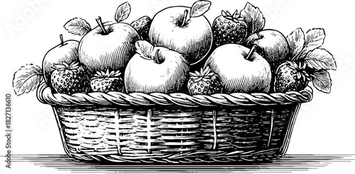 Rustic berry basket with apples and strawberries engraved decorative design
