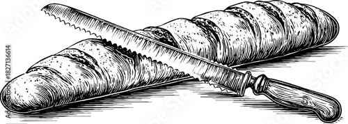 Rustic bread and knife engraving for culinary design and decoration
