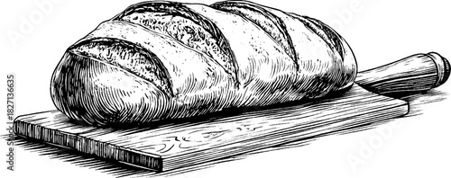 Rustic bread peel with artisan loaf engraving - vintage decorative sketch for kitchen decor