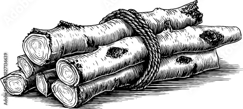 Engraved decorative illustration of rustic birch bundle for vintage design and decoration