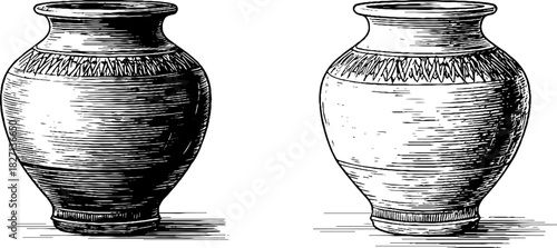 Vintage engraving of rustic ceramic vase design for artistic decor or print use
