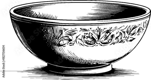 Rustic ceramic bowl with decorative engraving - vintage hand-drawn art for design and decor