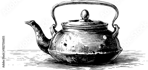 Rustic cast iron kettle engraving - vintage decorative kitchenware design for prints