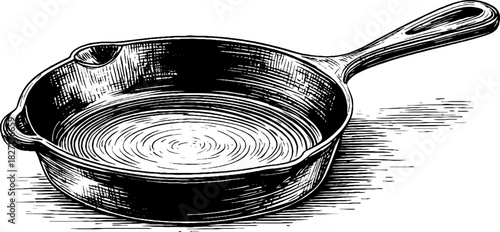 Rustic cast iron pan engraving with vintage decorative design for kitchen decor