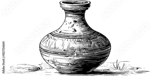 Vintage rustic ceramic storage vessel - decorative engraved silhouette for design