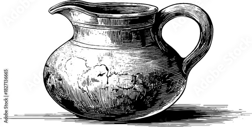 Rustic ceramic jug engraving - vintage decorative design for art prints