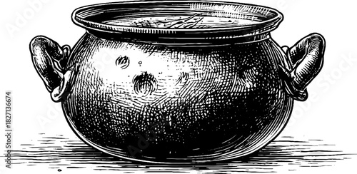 Rustic clay grain cookware engraving - vintage hand drawn illustration for culinary arts