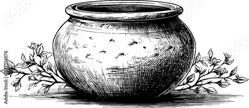 Rustic clay herb jar with floral motif – vintage decorative art design