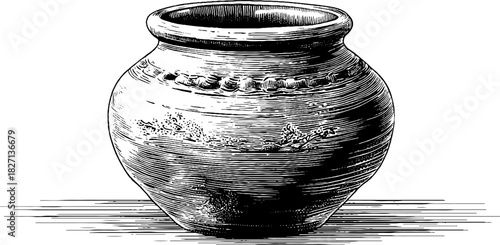Rustic clay herb jar engraving - decorative vintage illustration for design projects