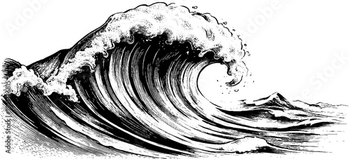 Engraved sea themed decorative banner design featuring ocean waves