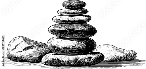 Engraved decorative illustration of stacked smooth river stones for design and decor
