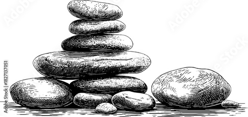 Vintage engraved illustration of a stack of smooth river stones for decorative design