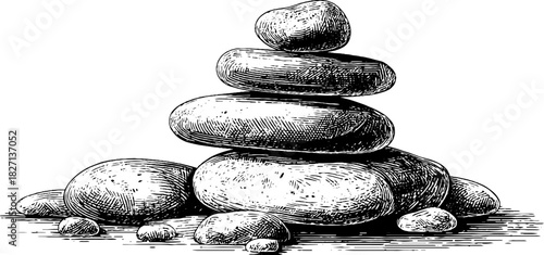 Engraved illustration of stacked river stones for decorative and design purposes