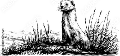 Engraved winter stoat illustration in decorative nature scene for posters and cards