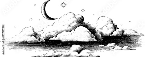 Engraved decorative illustration of stylised winter sky with moon and stars