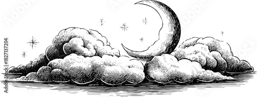 Stylized winter night sky with crescent moon and stars - decorative design for cards or posters