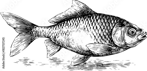 Detailed engraved illustration of a swimming fish for retro design and decor
