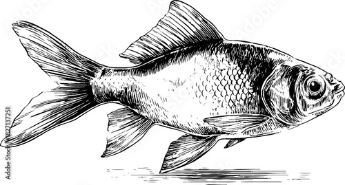 Vintage engraving of a swimming fish with detailed decorative elements