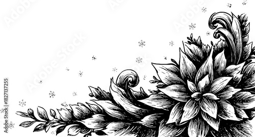 Decorative floral swirls with snowflakes - engraved design for winter cards and posters