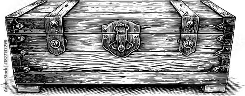 Vintage decorative wooden chest engraving - hand drawn illustration for retro design
