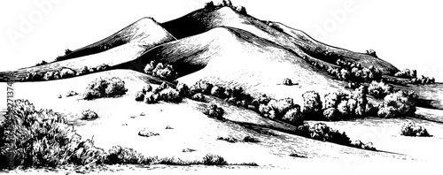 Engraved decorative illustration of abstract hillside landscape for artistic and design projects