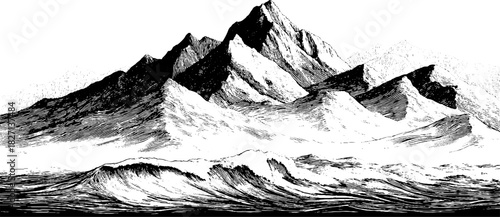 Engraved abstract mountainous landscape with ocean waves for artistic decor
