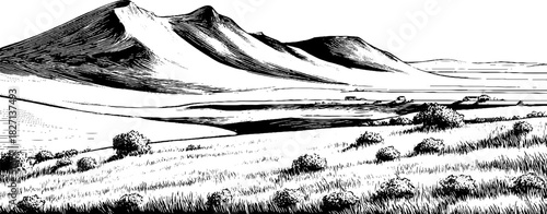 Engraved decorative illustration of abstract mountainous landscape scene