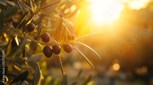 A vibrant olive tree stand at sunset, adorned with ripe olives that showcase natures beauty against a serene landscape, inviting you to appreciate the wonderful tranquility and harmony of the outdoors