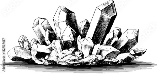 Vintage hand drawn illustration of icy crystal cluster for decorative design