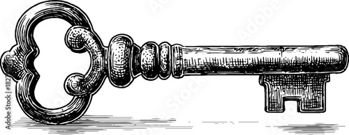 Vintage engraved key with ornate design for retro decor and collectibles