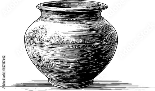 Engraved decorative illustration vintage clay amphora antique pottery ancient classic. Elegant ancient vessel art.
