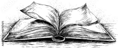 Vintage engraved illustration of an open book with curved pages for retro design