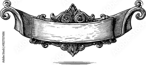 Vintage engraved ornamental banner with decorative scrolls for retro design