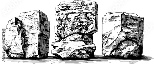 Engraved decorative illustration of carved stone fragments for retro design projects