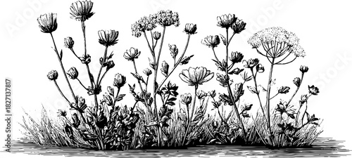 Engraved decorative illustration of coarse wild meadow litter for design and print