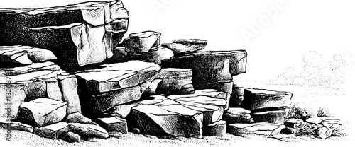 Engraved decorative illustration of cracked limestone slabs in nature setting