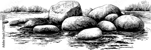 Engraved decorative design of cracked river stones for natural themed projects